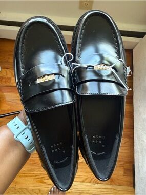 a new day Black Leather Penny Loafers with Gold Accent